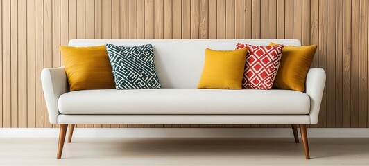 Modern sofa with colorful cushions in a minimalist living room home decor interior design cozy atmosphere