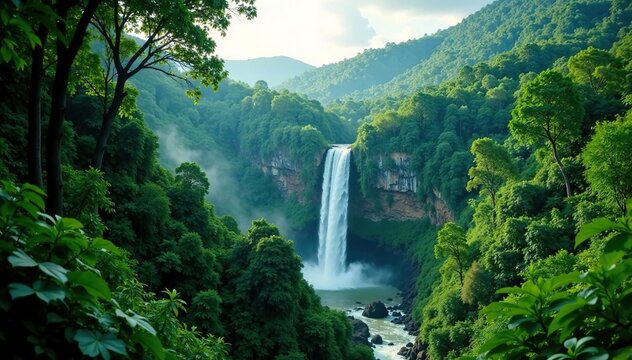 Dense green forest with Athirapally waterfall in the background, natural wonder, tropical rainforest, waterfall