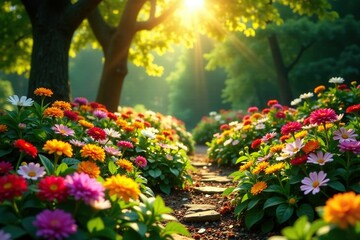 Obraz premium A lush and vibrant garden full of colorful flowers and dense foliage under the warm rays of the sun, nature, greenery, plants