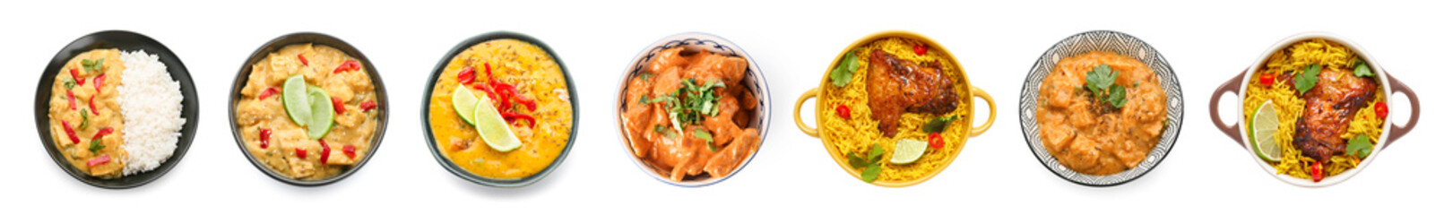 Set of traditional Indian food on white background, top view