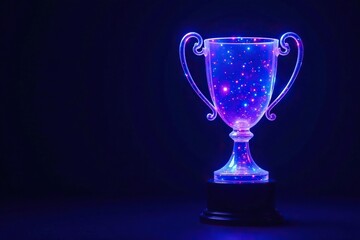 A glowing purple and blue trophy is placed on a dark background, emphasizing its radiant colors, focus, blue, light