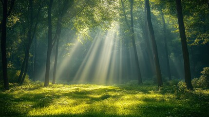 Fototapeta premium Sunbeams through lush forest.