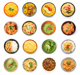 Set of traditional Indian food on white background, top view