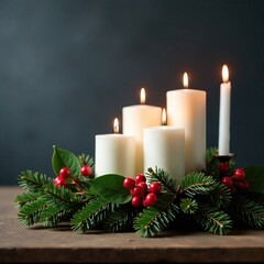 Four candles on fir branches against a dark grey wall with holly, festive centerpiece,