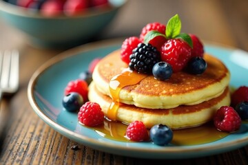 A single fluffy pancake topped with fresh mixed berries and drizzled with syrup, plate, dessert