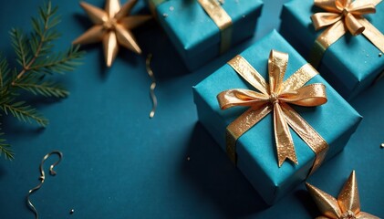 Blue and gold presents wrapped in decorative paper on a table, wrapping paper, presents