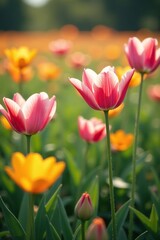 Blooming flowers in a field, gentle focus on petals, blooming flowers, nature's beauty