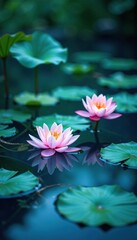 Blue fluidity waves on a still pond with lotus flowers floating on the surface, serene pond, peaceful oasis