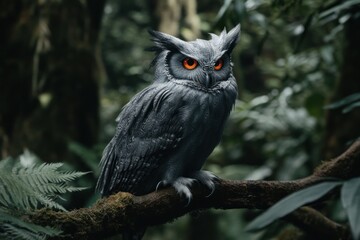 Majestic grey owl with piercing orange eyes perched on a mossy branch in a lush green forest.