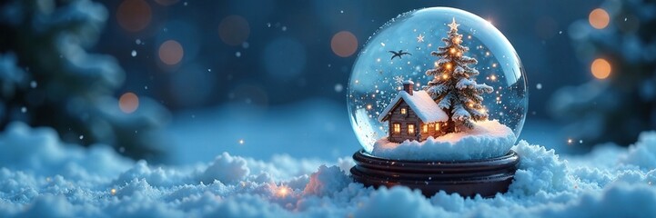Icy snow globe with a miniature winter wonderland inside, frozen world inside, snowflake decorations, sparkly interior