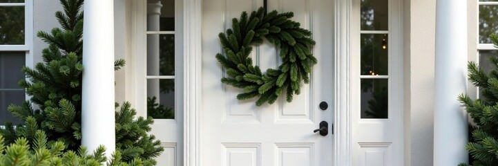 Classic white front door decorated with Christmas wreath and greenery, festive, wreath, holidaydecor