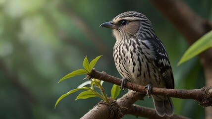 Small bird perched on a branch, with a soft, light gray and white plumage, speckled with dark markings, set against a bokeh background of out-of-focus green foliage.