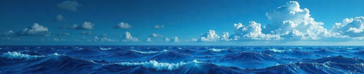 Fototapeta premium Dark blue wave background with scattered white clouds, sky, landscape, waves