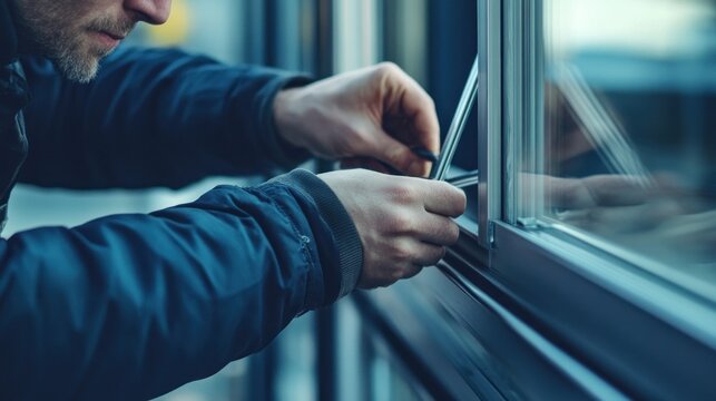 Man repairing window seal with a tool.