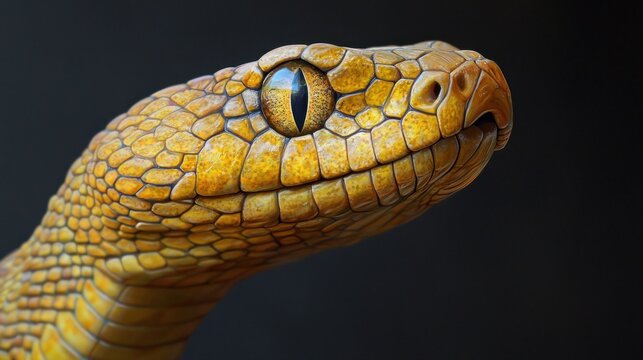 Detailed Close-Up of a Vibrant Yellow Python Displaying Intricate Scales and a Piercing Gaze Against a Dark Background