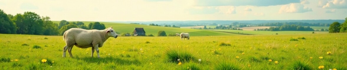 Obraz premium Pasture landscape with a single sheep grazing in the distance, rural scene, grazing animal, natural scenery
