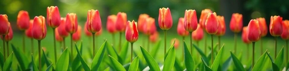 Delicate tulip stems rising from a bed of lush greens, flora, greenery, botanicals