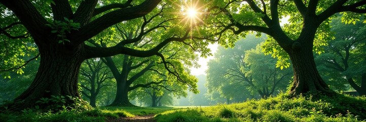 Dense forest canopy with sprawling oak branches, foliage, trees