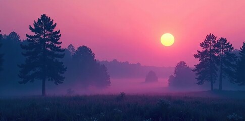 Naklejka premium Pink misty dawn over a forest with trees and a gentle glowing moon in the distance, dawn, serene, forest