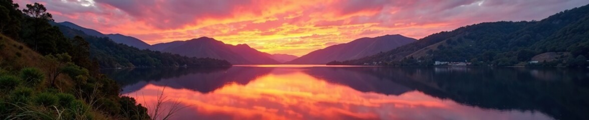 Fototapeta premium Derwent Dam reservoir at sunset with trees and hills in the background, nature, scenery, sky