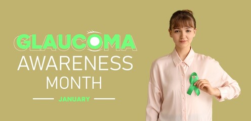 Young woman with green ribbon on color background. Banner for Glaucoma Awareness Month