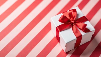 Red wrapped empty white gift box against a red and white striped patterned background, decoration, wrapping