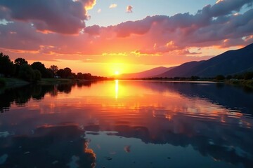 Fototapeta premium Reflection of sunset on the Cabedelo River surface, calming atmosphere, reflective surface