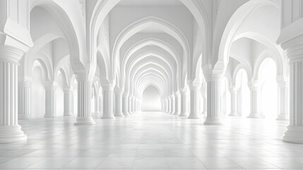 Obraz premium A serene white architectural space featuring arches and columns, evoking tranquility.