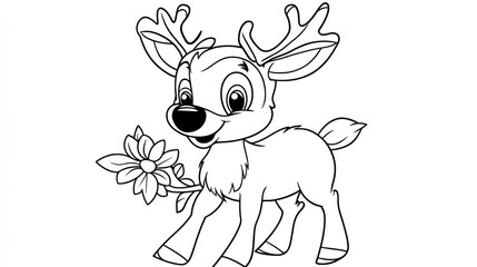 Obraz premium Happy Caribou with Flower: Children's Coloring Book Page