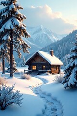 Fototapeta premium Frosty morning with snowflakes gently falling around a wooden cabin, snow-kissed trees, cabin, peaceful landscape
