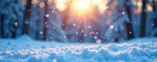 Snowflakes gently fall onto a serene winter landscape, blanketing the ground in a thick layer of white snow, quiet evening, peaceful scene