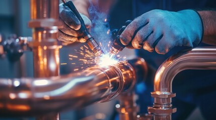 Close-up of welder joining copper pipes.