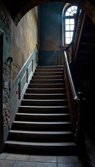Grand staircase descending into darkness with heavy wooden banister, dark hallway, stone floor