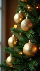 Obraz premium Sparkling Gold and Silver Ornaments on a Christmas Tree,, holiday decor, gold ornaments