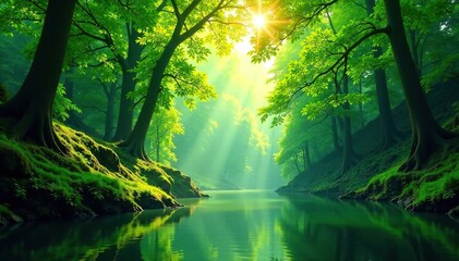 Obraz premium Lush green forest canopy above a tranquil river, with sunlight filtering through, light, landscape, undergrowth