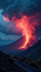 Fototapeta premium Thunderstorm with lightning in volcanic landscape, lightning, volcano, thunder