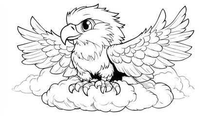 Fototapeta premium Cartoon Eagle Napping on Cloud - Children's Coloring Book Page