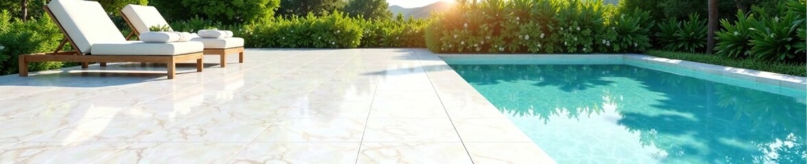 Polished white terrazzo tile with reflective pool water and surrounding landscape, reflective surface, serene environment