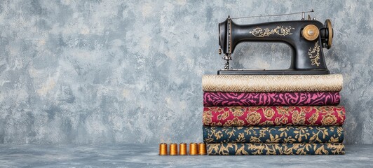 Sewing machine showcase craft room textile photography cozy environment close-up view artistic expression