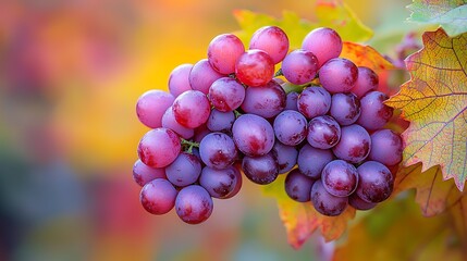 Ripe red grapes on vine with autumn leaves.