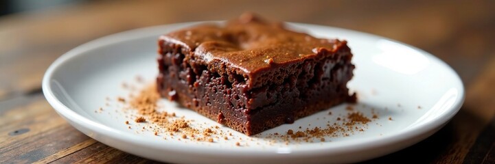 Rich decadent brownie on a simple white plate, dessert, dessert plate