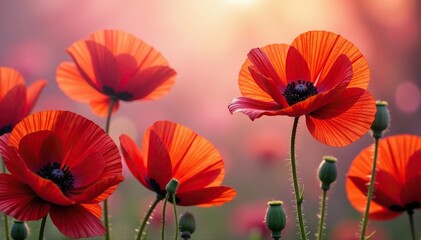 Red poppy flowers in a delicate floral arrangement, petals, red, flowers