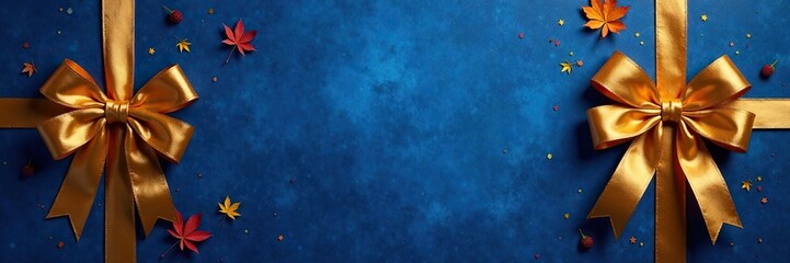 Regal blue background with golden ribbon bows, autumn decoration, royal, occasion