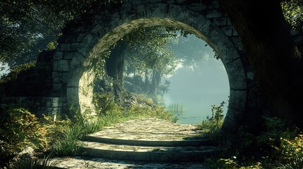 Obraz premium Enchanted Forest Lake: A Mystical Stone Arch Pathway