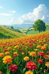 Obraz premium Rolling hills covered with vibrant buckwheat flowers, blooming flowers, countryside, field