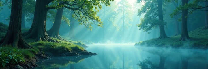 Shimmering aqua and blue mist rising from a serene forest glade, layering, soothing