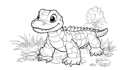 Obraz premium Cute Cartoon Alligator with Snack - Children's Coloring Book Page