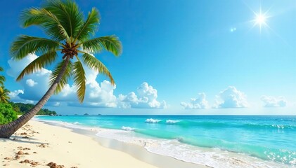 Obraz premium A serene beach scene with a lone palm tree swaying gently in the ocean breeze, surf, waves