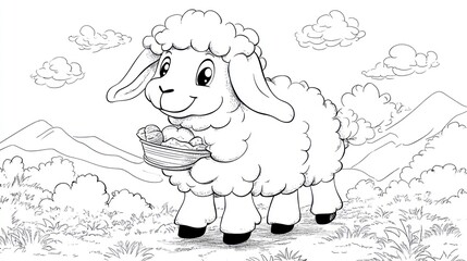 Obraz premium Cartoon Sheep with Snack - Coloring Page for Kids