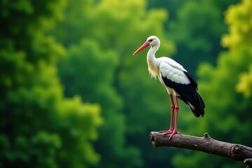 Fototapeta premium A solitary white stork sits on a tree branch with its feathers, white stork, tree branch, forest